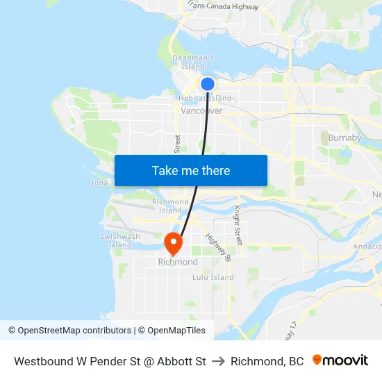 Westbound W Pender St @ Abbott St to Richmond, BC map
