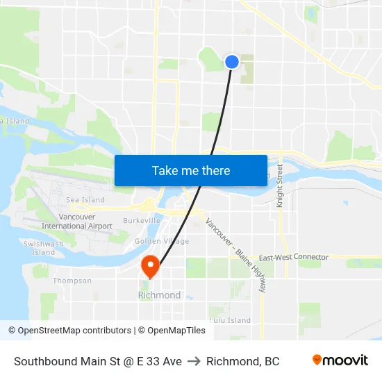 Southbound Main St @ E 33 Ave to Richmond, BC map