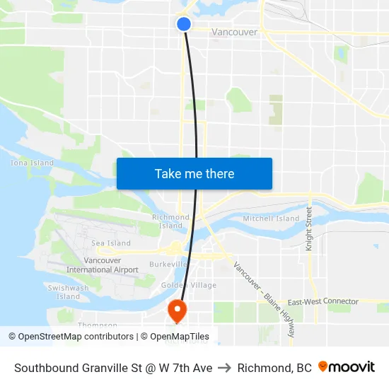 Southbound Granville St @ W 7th Ave to Richmond, BC map