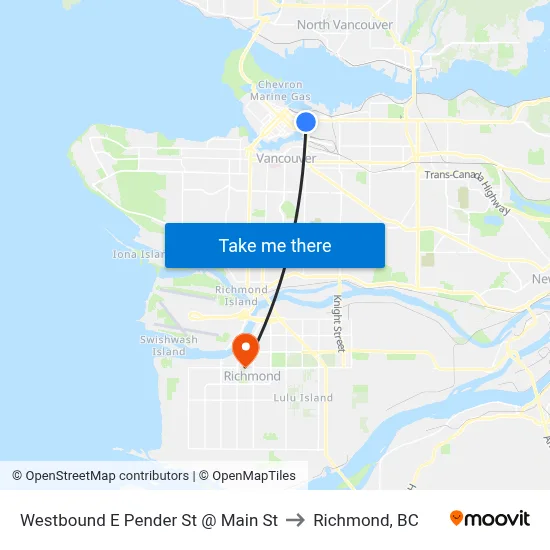 Westbound E Pender St @ Main St to Richmond, BC map