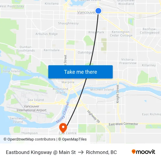 Eastbound Kingsway @ Main St to Richmond, BC map
