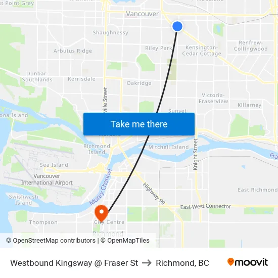 Westbound Kingsway @ Fraser St to Richmond, BC map