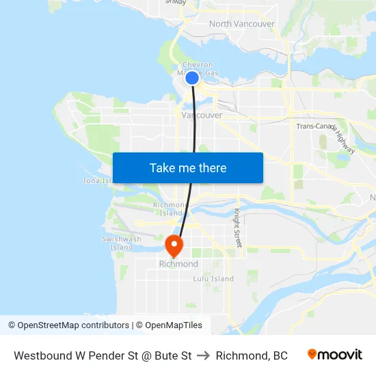 Westbound W Pender St @ Bute St to Richmond, BC map
