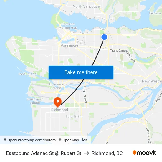 Eastbound Adanac St @ Rupert St to Richmond, BC map