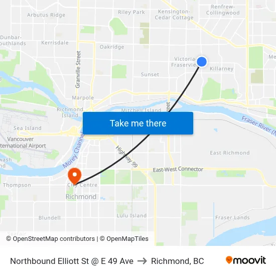 Northbound Elliott St @ E 49 Ave to Richmond, BC map