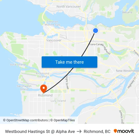 Westbound Hastings St @ Alpha Ave to Richmond, BC map