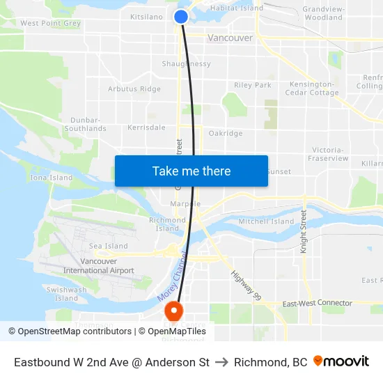 Eastbound W 2nd Ave @ Anderson St to Richmond, BC map