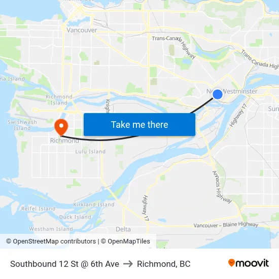 Southbound 12 St @ 6th Ave to Richmond, BC map