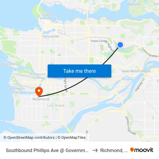 Southbound Phillips Ave @ Government Rd to Richmond, BC map