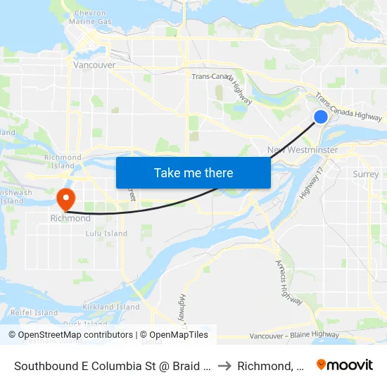 Southbound E Columbia St @ Braid St to Richmond, BC map