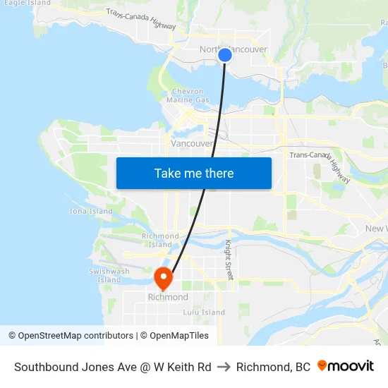 Southbound Jones Ave @ W Keith Rd to Richmond, BC map