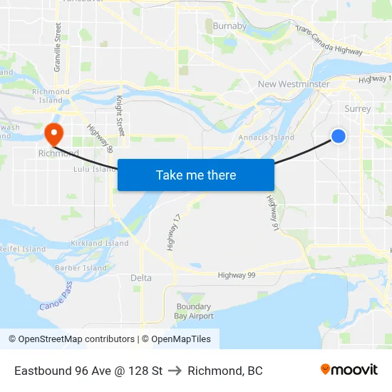 Eastbound 96 Ave @ 128 St to Richmond, BC map