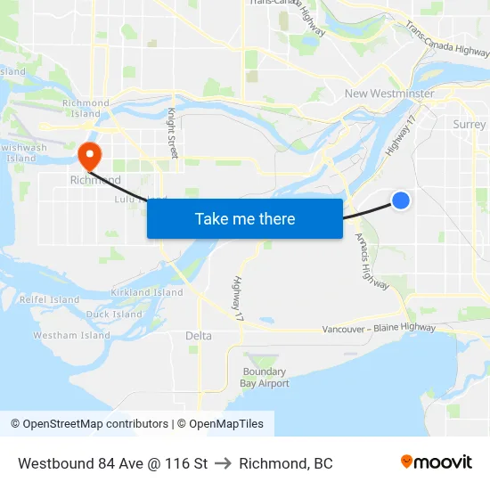 Westbound 84 Ave @ 116 St to Richmond, BC map