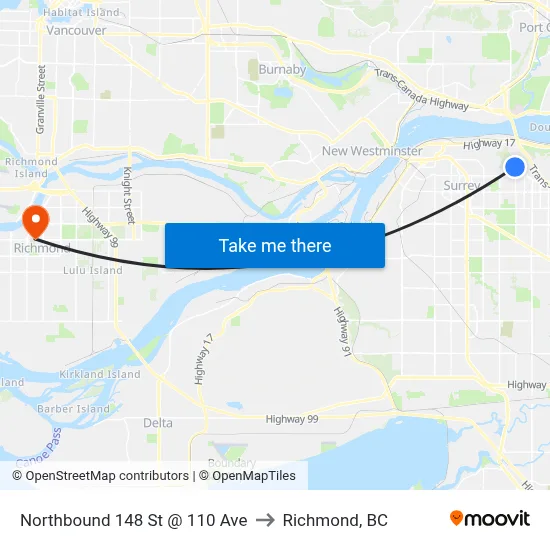 Northbound 148 St @ 110 Ave to Richmond, BC map