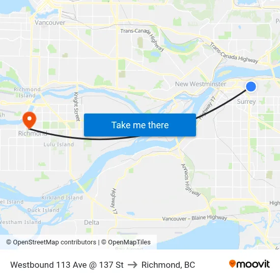 Westbound 113 Ave @ 137 St to Richmond, BC map