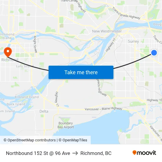 Northbound 152 St @ 96 Ave to Richmond, BC map