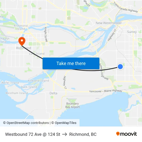 Westbound 72 Ave @ 124 St to Richmond, BC map