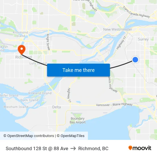 Southbound 128 St @ 88 Ave to Richmond, BC map