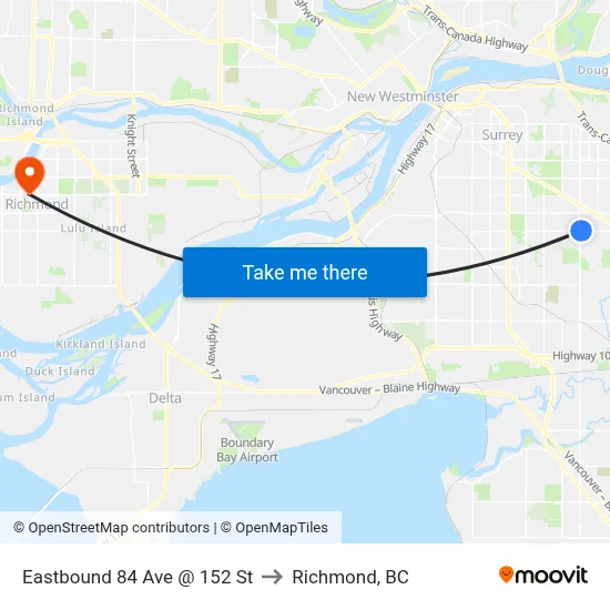 Eastbound 84 Ave @ 152 St to Richmond, BC map