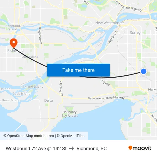 Westbound 72 Ave @ 142 St to Richmond, BC map