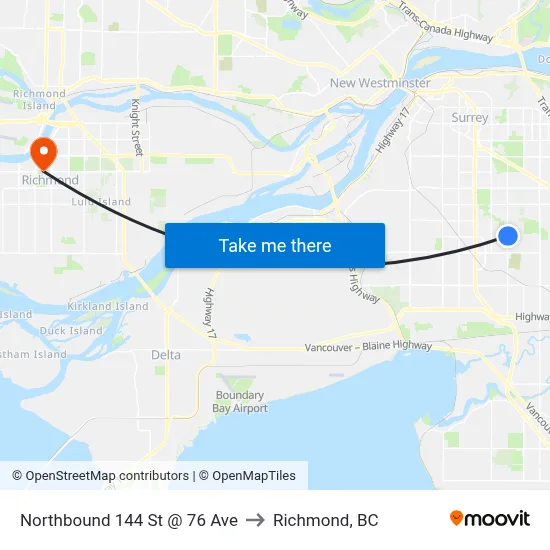 Northbound 144 St @ 76 Ave to Richmond, BC map