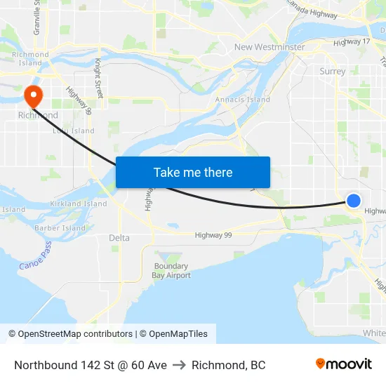 Northbound 142 St @ 60 Ave to Richmond, BC map