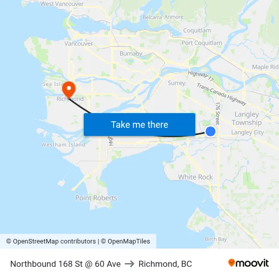 Northbound 168 St @ 60 Ave to Richmond, BC map