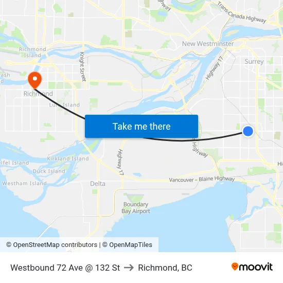 Westbound 72 Ave @ 132 St to Richmond, BC map