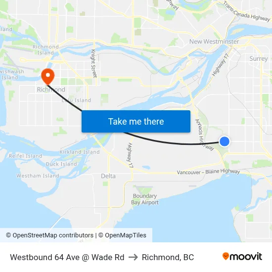 Westbound 64 Ave @ Wade Rd to Richmond, BC map