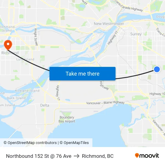 Northbound 152 St @ 76 Ave to Richmond, BC map