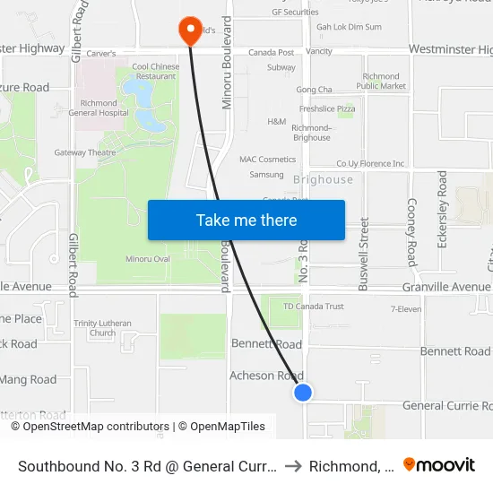 Southbound No. 3 Rd @ General Currie Rd to Richmond, BC map