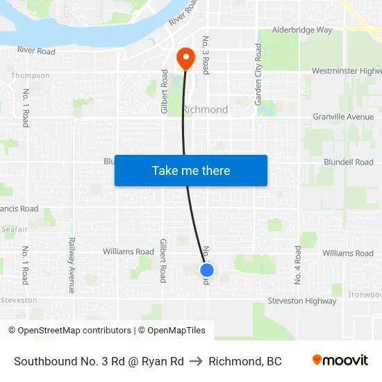 Southbound No. 3 Rd @ Ryan Rd to Richmond, BC map
