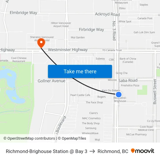 Richmond-Brighouse Station @ Bay 3 to Richmond, BC map