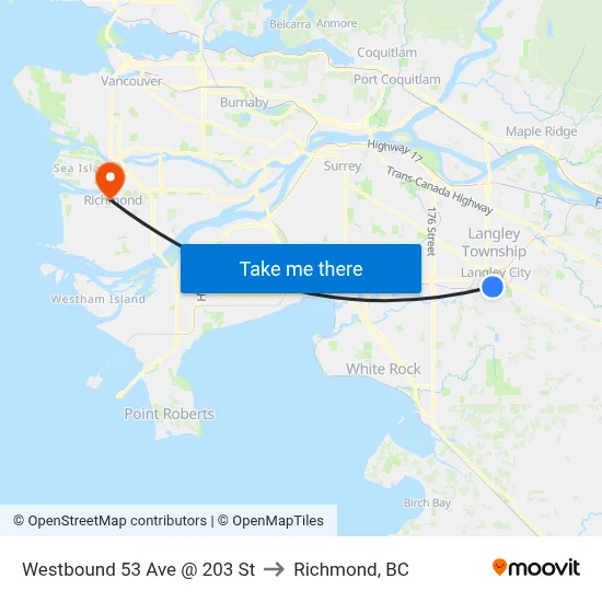 Westbound 53 Ave @ 203 St to Richmond, BC map
