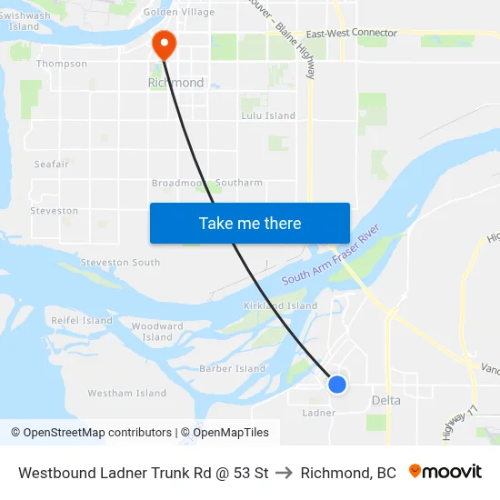 Westbound Ladner Trunk Rd @ 53 St to Richmond, BC map