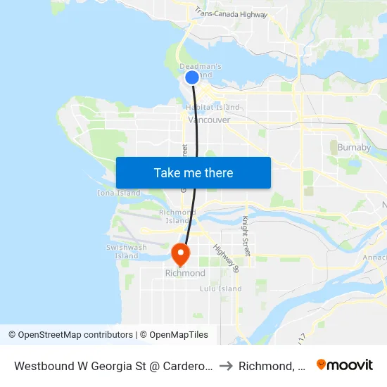 Westbound W Georgia St @ Cardero St to Richmond, BC map