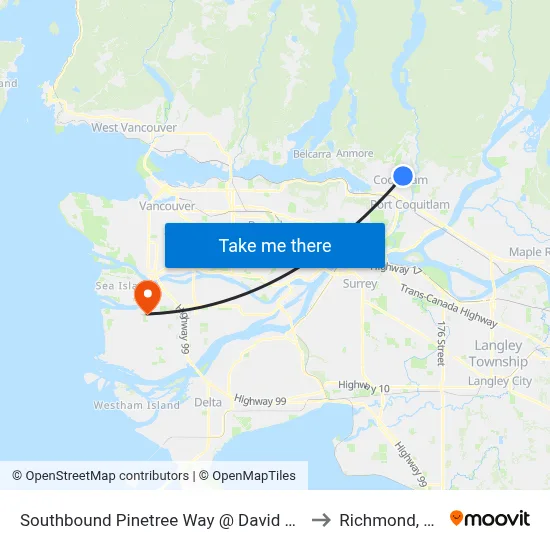 Southbound Pinetree Way @ David Ave to Richmond, BC map