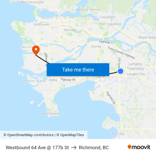 Westbound 64 Ave @ 177b St to Richmond, BC map