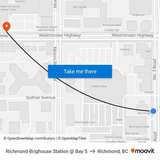 Richmond-Brighouse Station @ Bay 5 to Richmond, BC map
