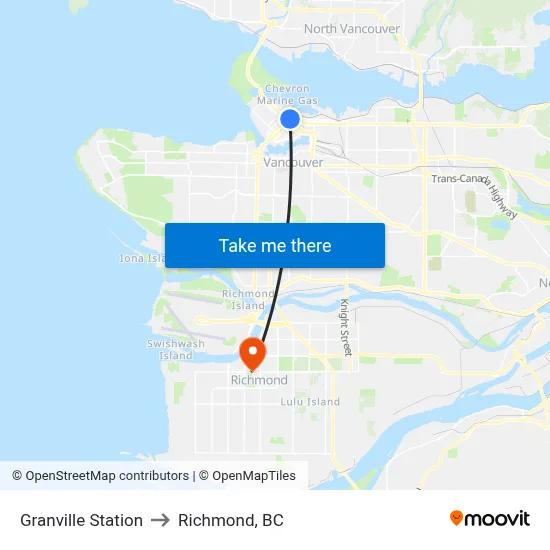 Granville Station to Richmond, BC map