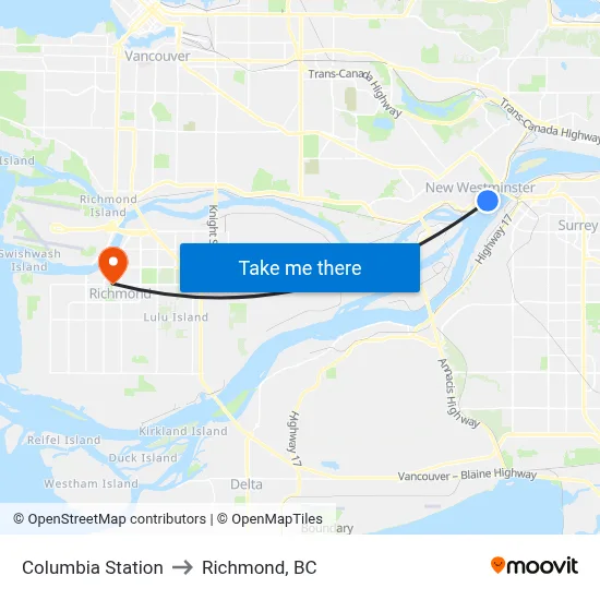 Columbia Station to Richmond, BC map
