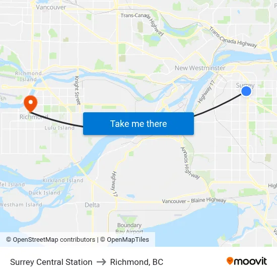 Surrey Central Station to Richmond, BC map