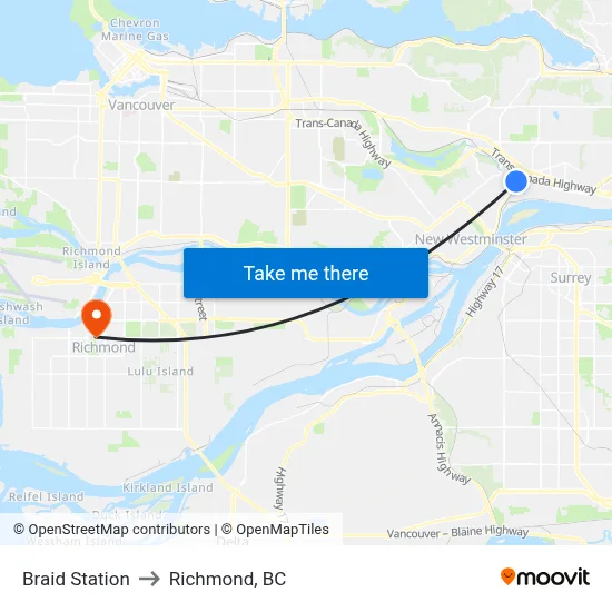 Braid Station to Richmond, BC map