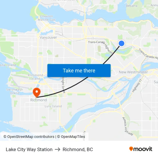 Lake City Way Station to Richmond, BC map