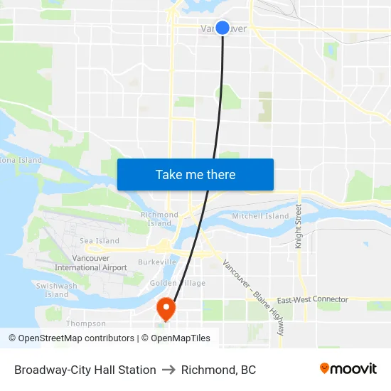 Broadway-City Hall Station to Richmond, BC map