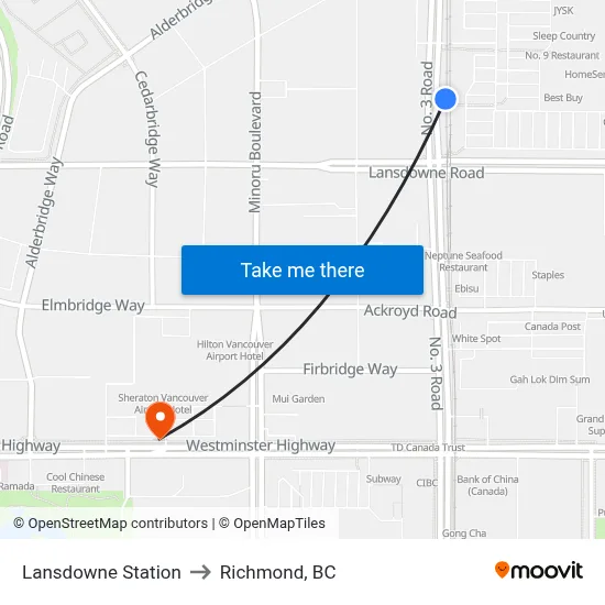 Lansdowne Station to Richmond, BC map