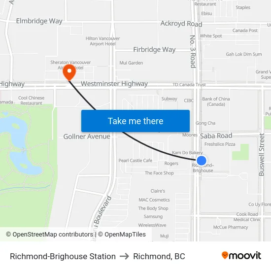 Richmond-Brighouse Station to Richmond, BC map