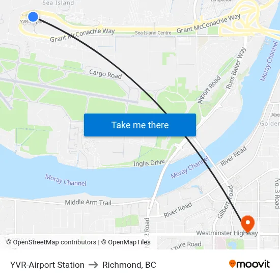 YVR-Airport Station to Richmond, BC map
