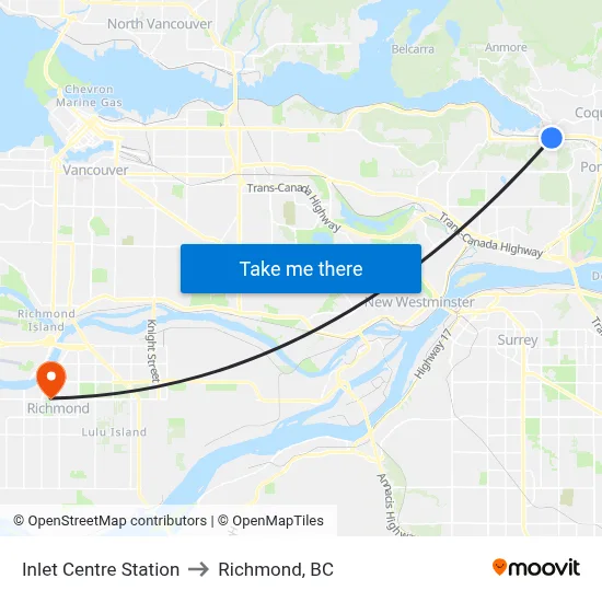 Inlet Centre Station to Richmond, BC map