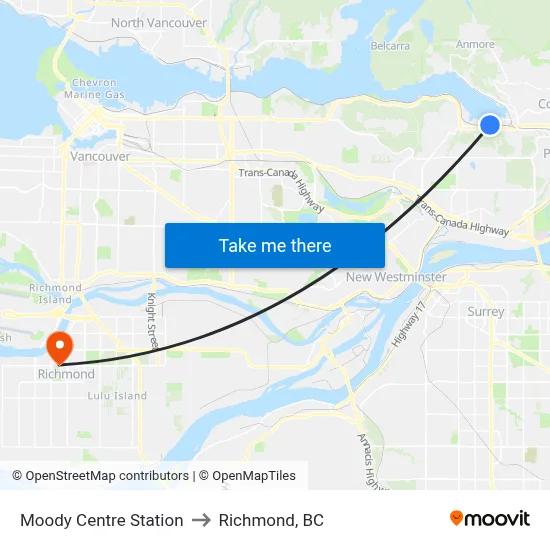 Moody Centre Station to Richmond, BC map
